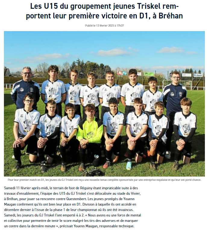 Actualité Les U15 du groupement jeunes Triskel club Football